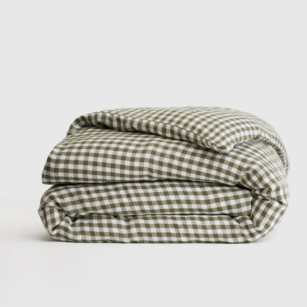 Quince European Linen Gingham Olive Duvet Cover! Twin (329)